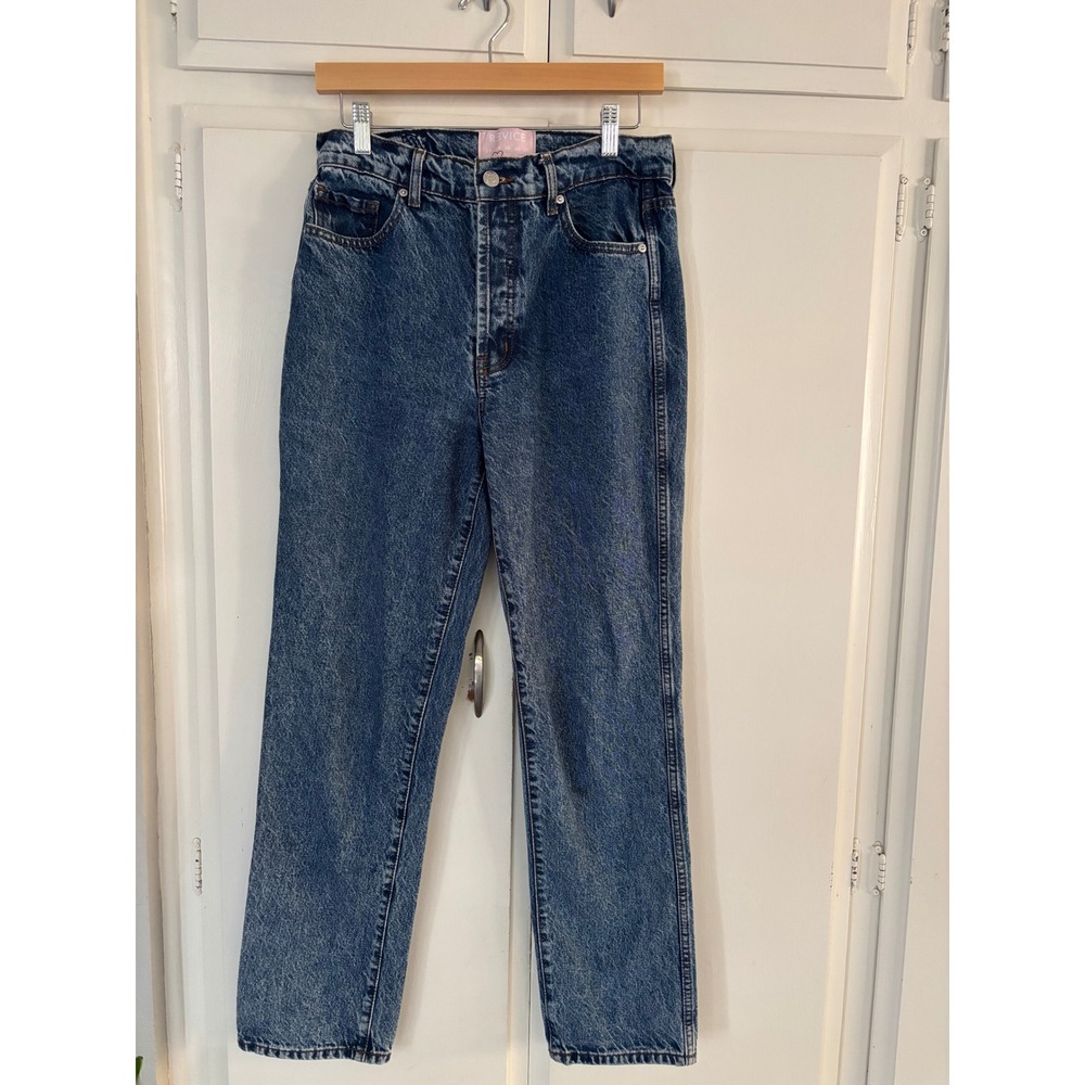 Revice Denim High Waisted Straight Leg Jeans Medium Wash Blue Size 29 Button Fly